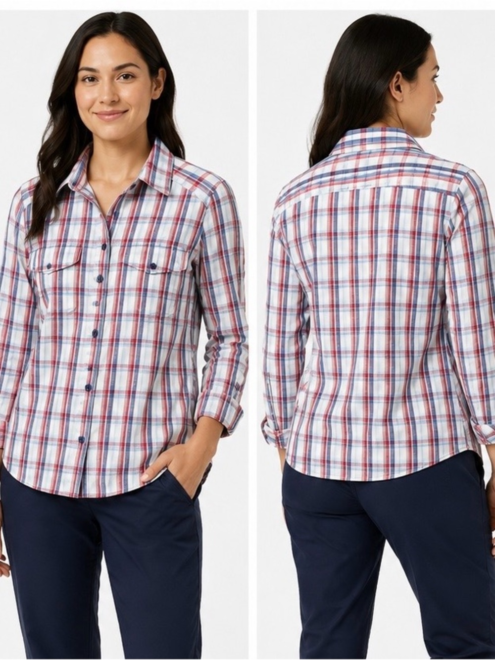 87. Columbia Women's White Red and Blue Plaid Button-Down Shirt